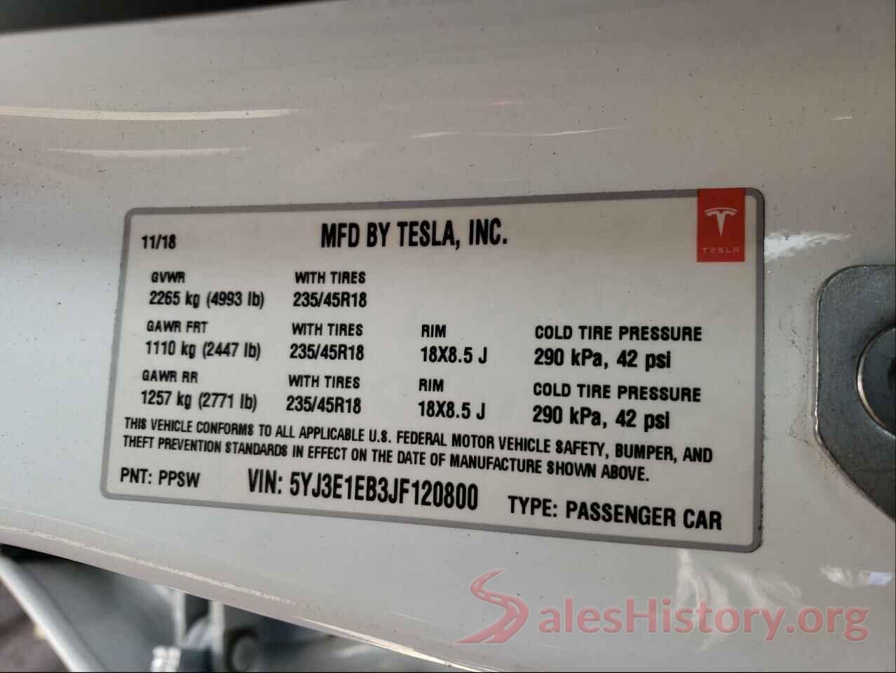 5YJ3E1EB3JF120800 2018 TESLA MODEL 3