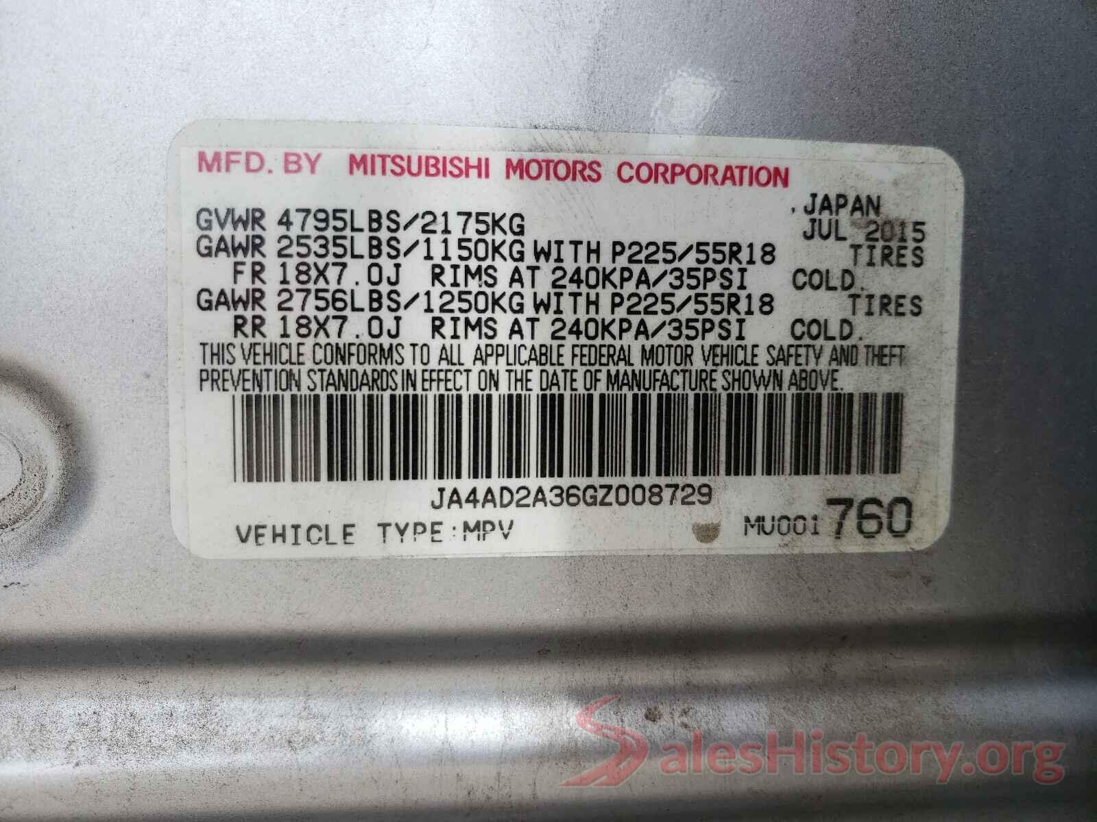 JA4AD2A36GZ008729 2016 MITSUBISHI OUTLANDER