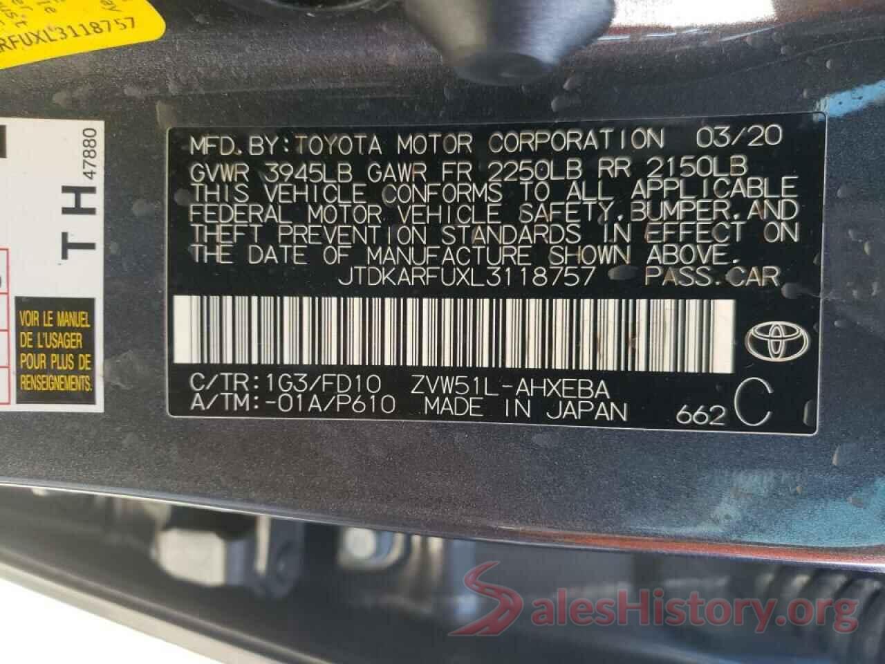 JTDKARFUXL3118757 2020 TOYOTA PRIUS