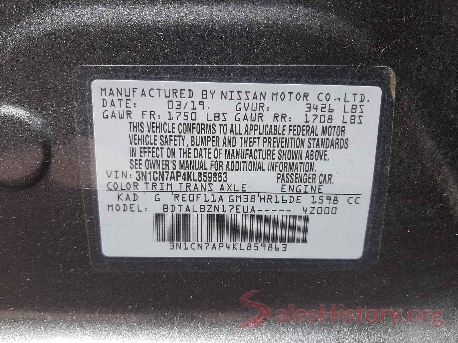 3N1CN7AP4KL859863 2019 NISSAN VERSA