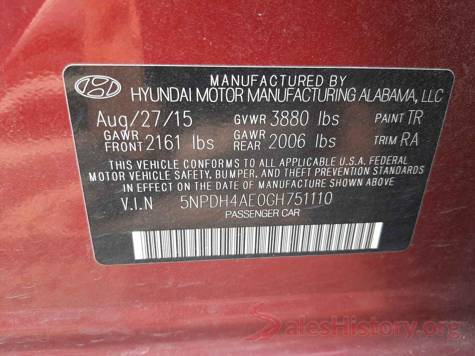 5NPDH4AE0GH751110 2016 HYUNDAI ELANTRA