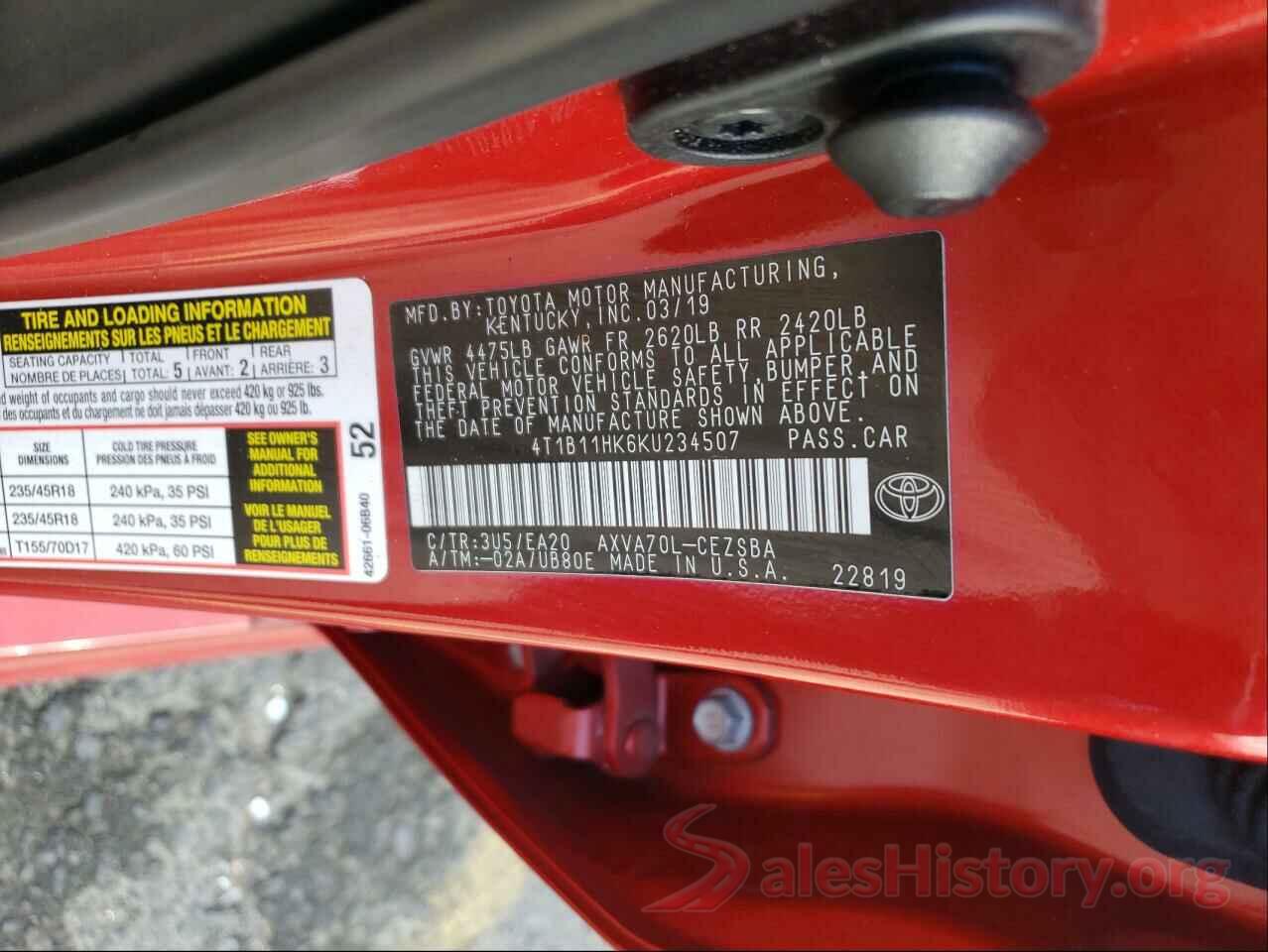 4T1B11HK6KU234507 2019 TOYOTA CAMRY