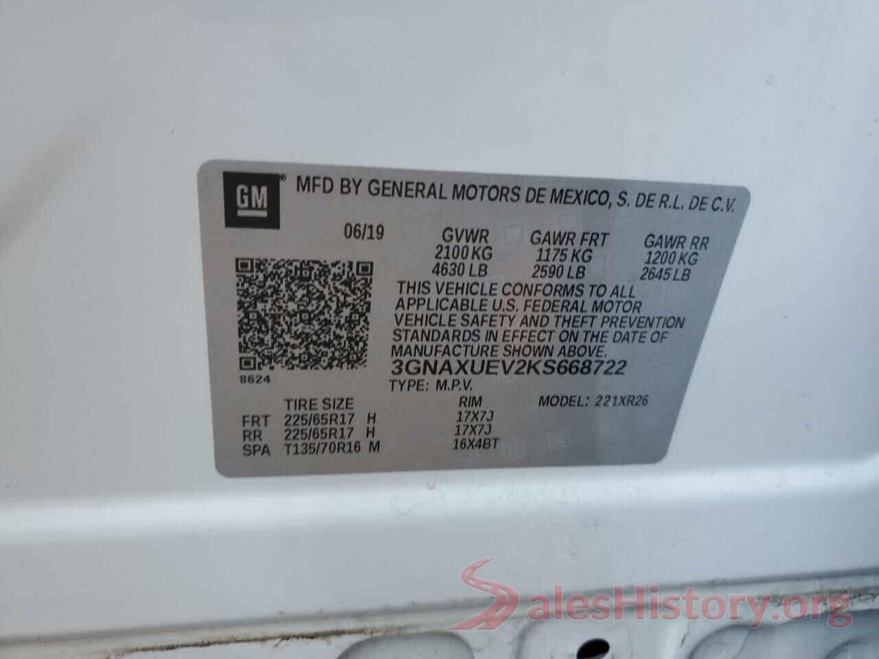 3GNAXUEV2KS668722 2019 CHEVROLET EQUINOX