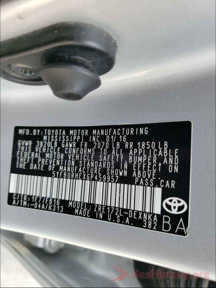 5YFBURHEXGP459957 2016 TOYOTA COROLLA