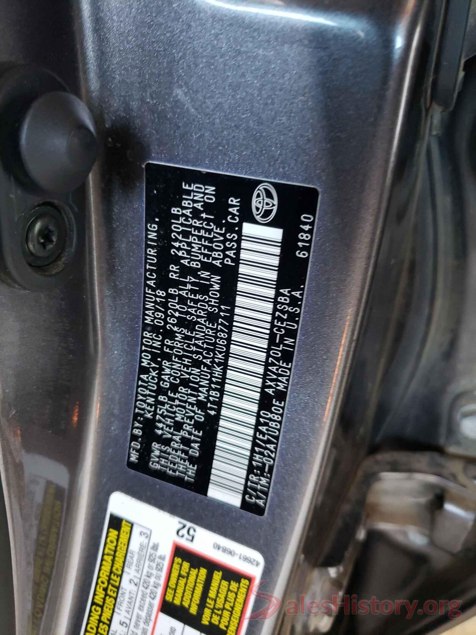 4T1B11HK1KU687711 2019 TOYOTA CAMRY