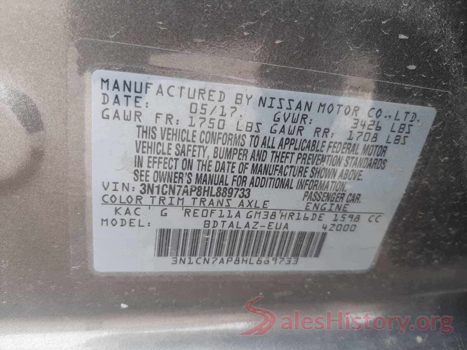 3N1CN7AP8HL889733 2017 NISSAN VERSA