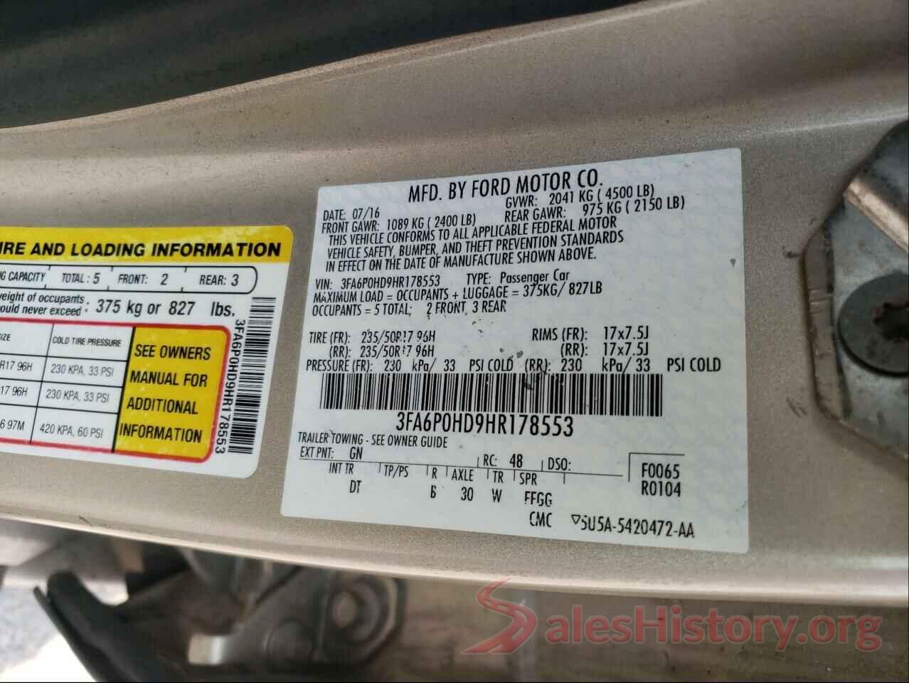 3FA6P0HD9HR178553 2017 FORD FUSION