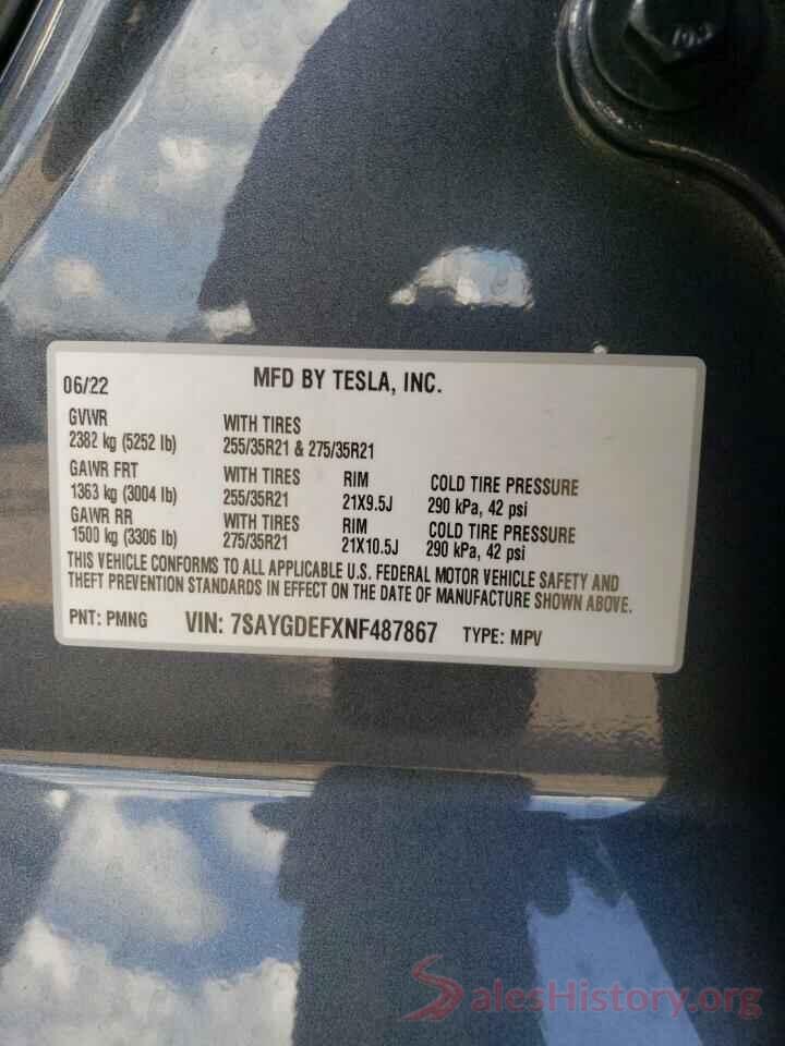 7SAYGDEFXNF487867 2022 TESLA MODEL Y