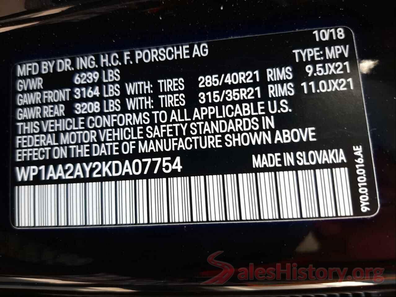 WP1AA2AY2KDA07754 2019 PORSCHE CAYENNE