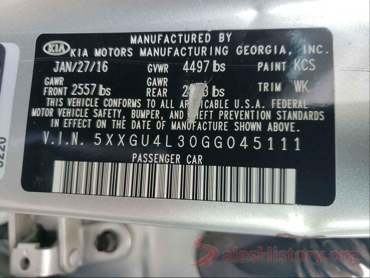 5XXGU4L30GG045111 2016 KIA OPTIMA