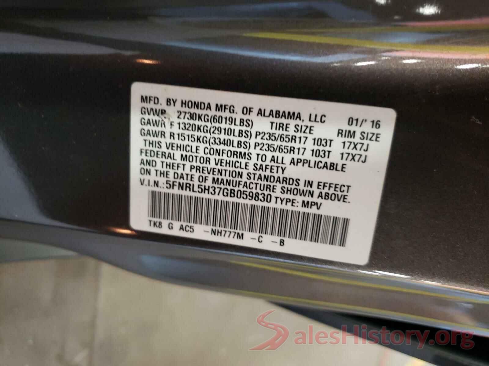 5FNRL5H37GB059830 2016 HONDA ODYSSEY