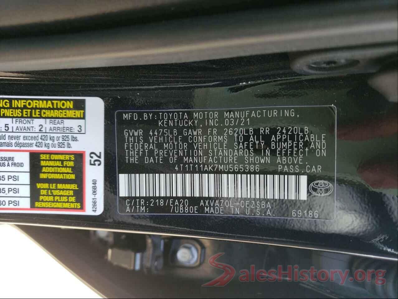 4T1T11AK7MU565386 2021 TOYOTA CAMRY