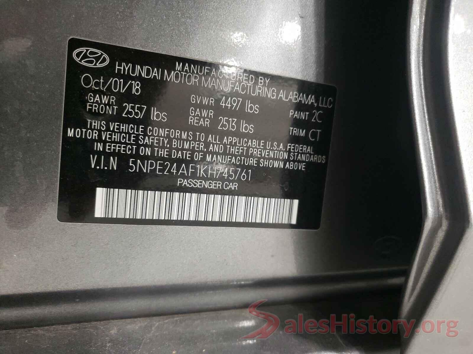 5NPE24AF1KH745761 2019 HYUNDAI SONATA