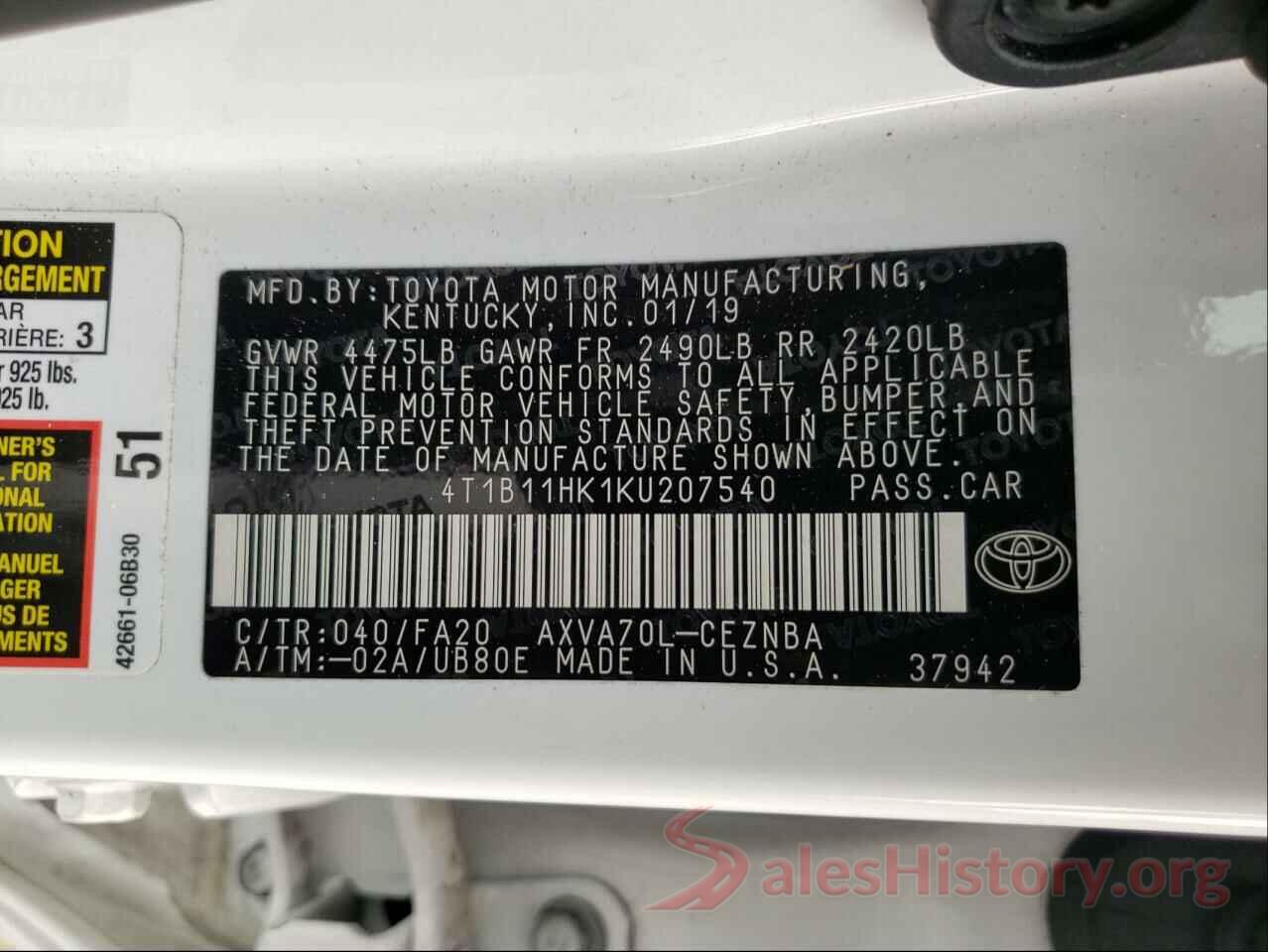 4T1B11HK1KU207540 2019 TOYOTA CAMRY