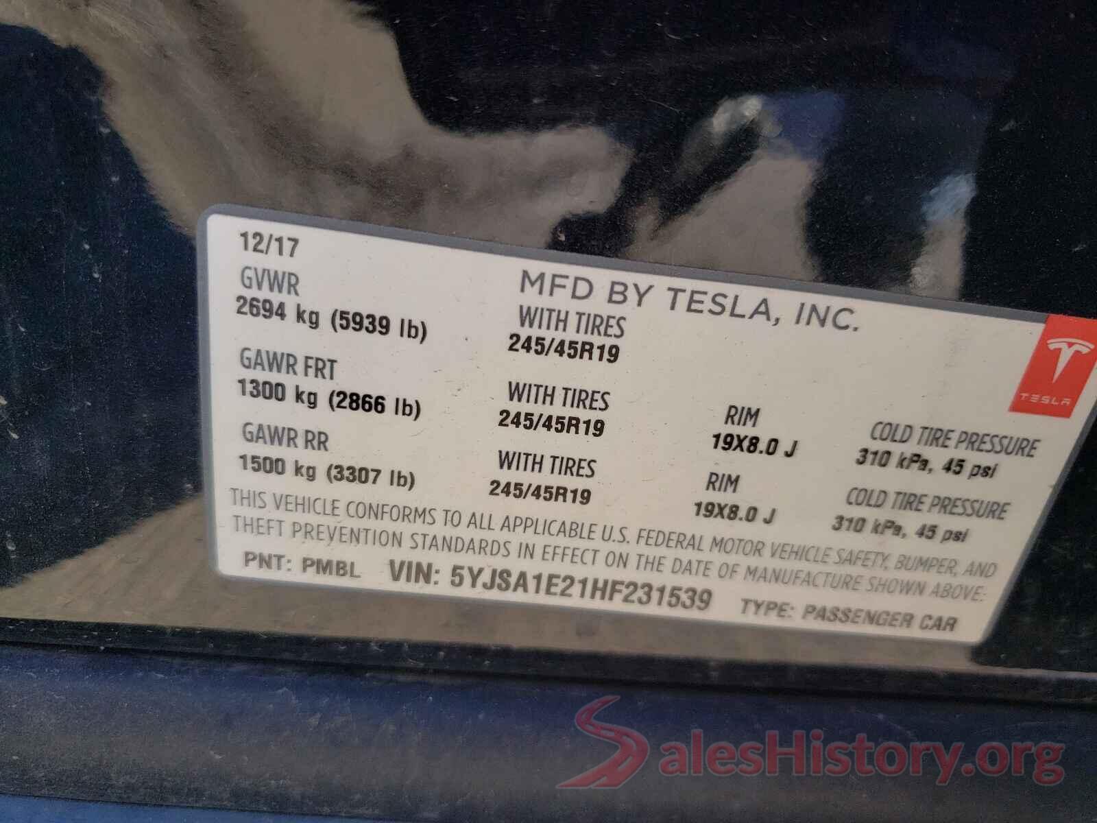 5YJSA1E21HF231539 2017 TESLA MODEL S