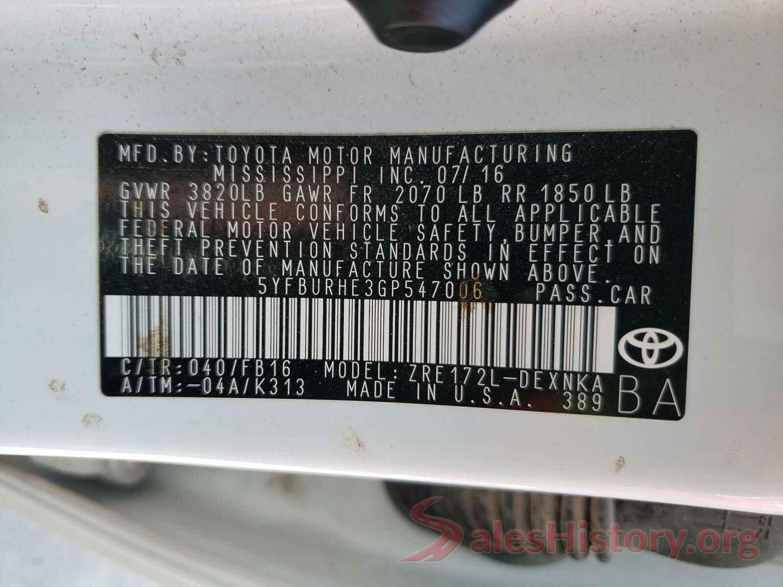 5YFBURHE3GP547006 2016 TOYOTA COROLLA