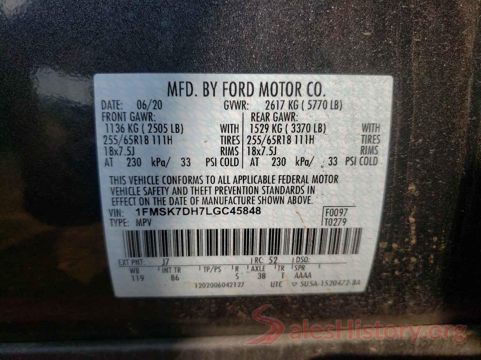 1FMSK7DH7LGC45848 2020 FORD EXPLORER