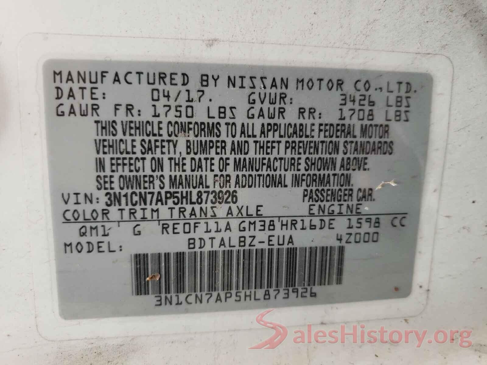 3N1CN7AP5HL873926 2017 NISSAN VERSA