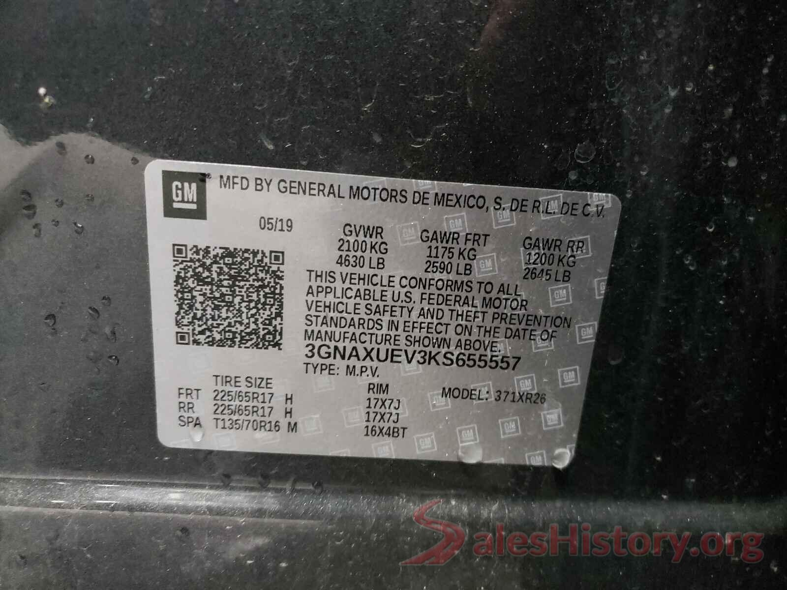 3GNAXUEV3KS655557 2019 CHEVROLET EQUINOX