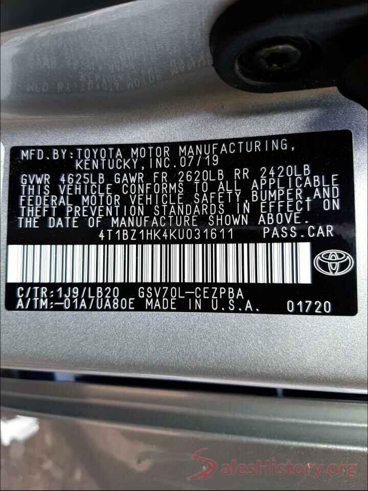 4T1BZ1HK4KU031611 2019 TOYOTA CAMRY