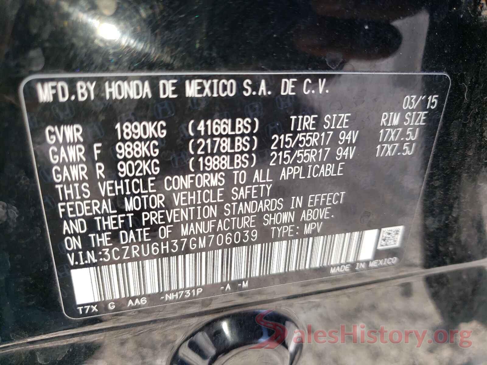 3CZRU6H37GM706039 2016 HONDA HR-V