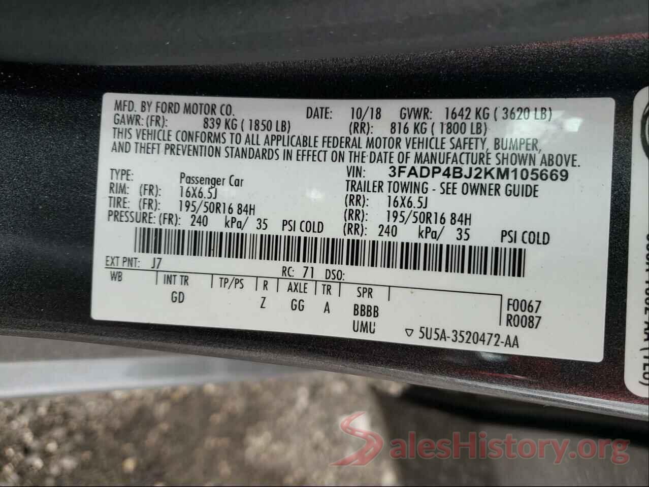 3FADP4BJ2KM105669 2019 FORD FIESTA