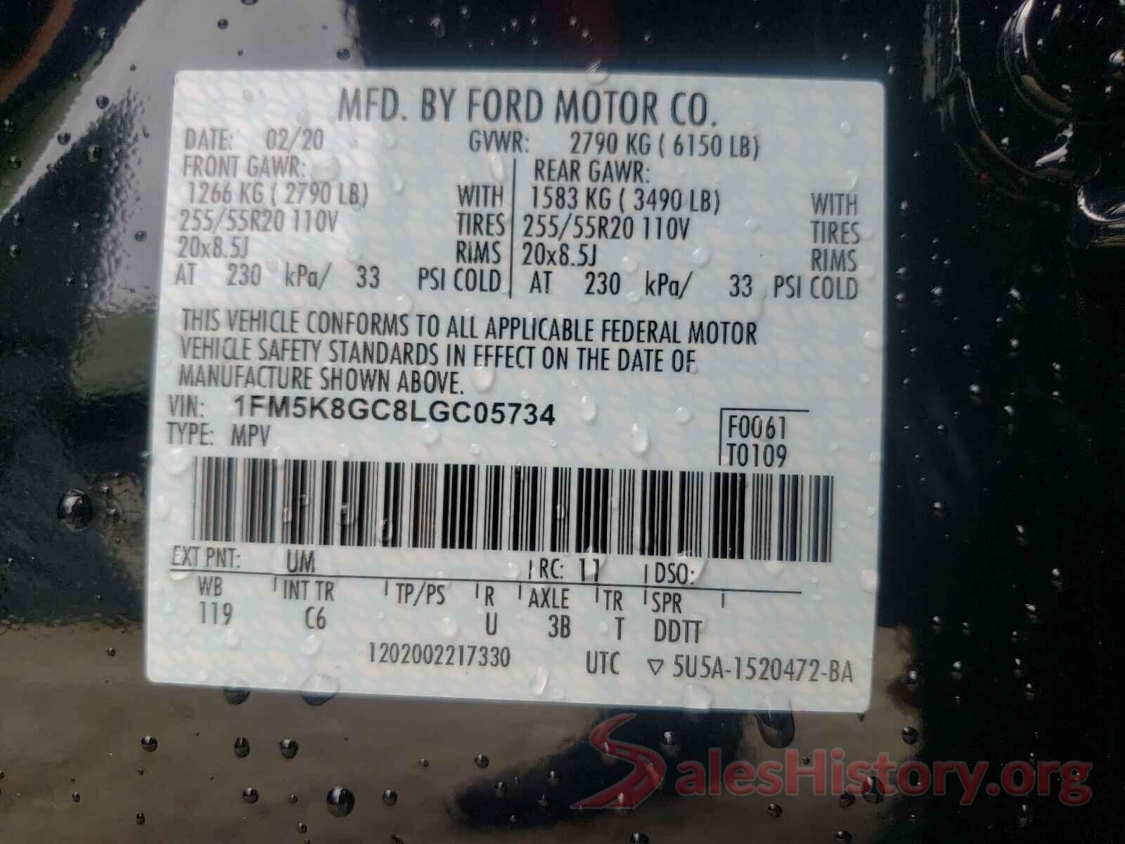 1FM5K8GC8LGC05734 2020 FORD EXPLORER