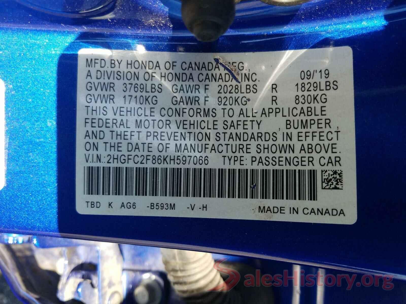 2HGFC2F86KH597066 2019 HONDA CIVIC