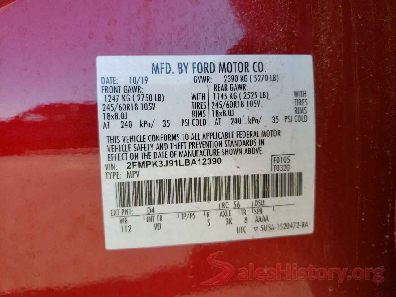 2FMPK3J91LBA12390 2020 FORD EDGE