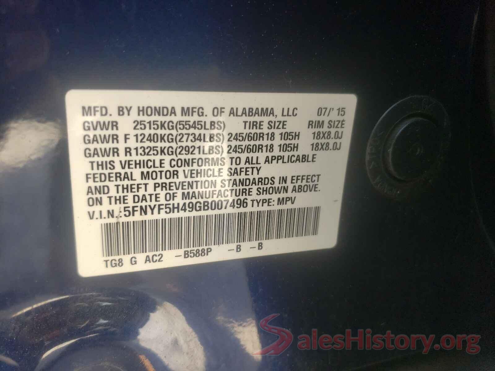 5FNYF5H49GB007496 2016 HONDA PILOT