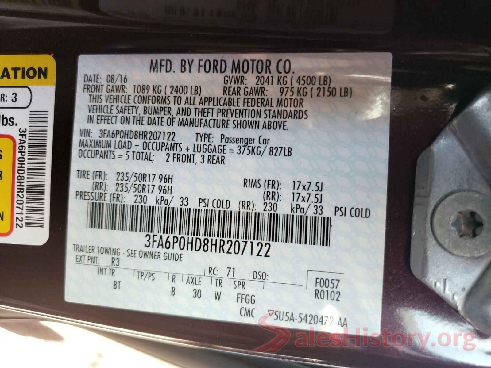 3FA6P0HD8HR207122 2017 FORD FUSION