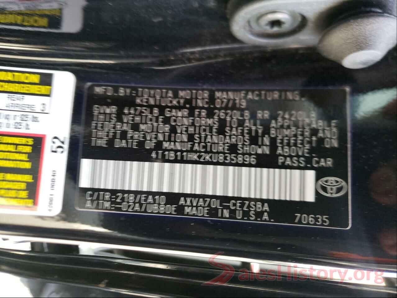 4T1B11HK2KU835896 2019 TOYOTA CAMRY