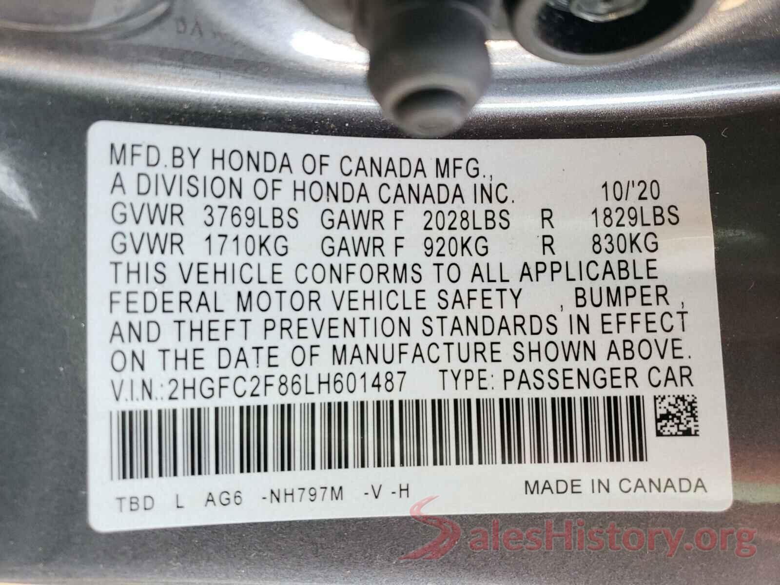 2HGFC2F86LH601487 2020 HONDA CIVIC