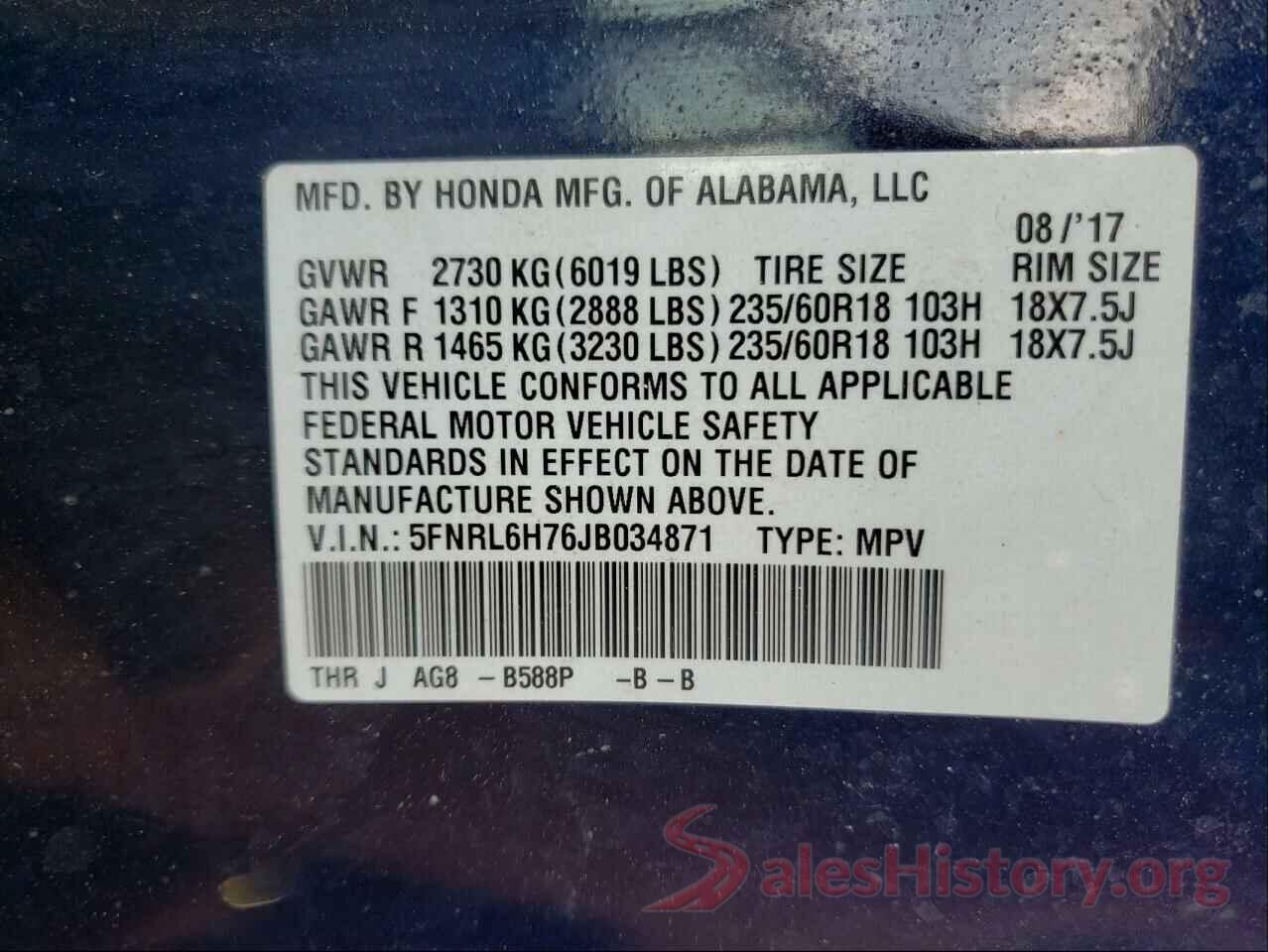 5FNRL6H76JB034871 2018 HONDA ODYSSEY