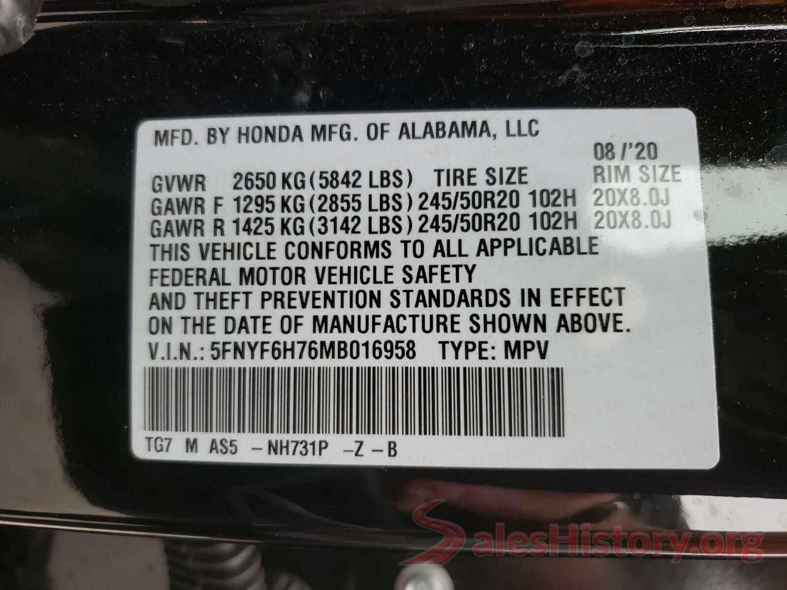 5FNYF6H76MB016958 2021 HONDA PILOT