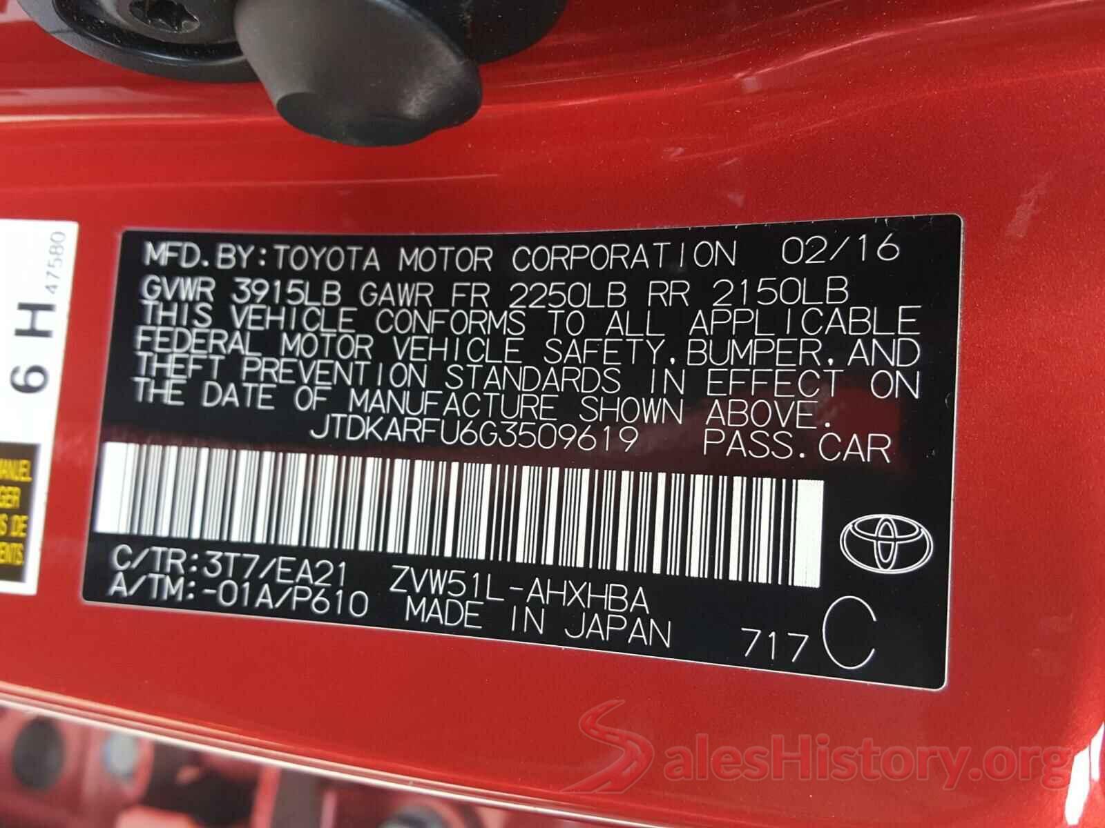 JTDKARFU6G3509619 2016 TOYOTA PRIUS