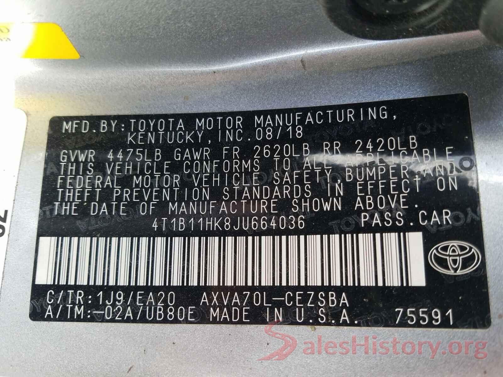 4T1B11HK8JU664036 2018 TOYOTA CAMRY