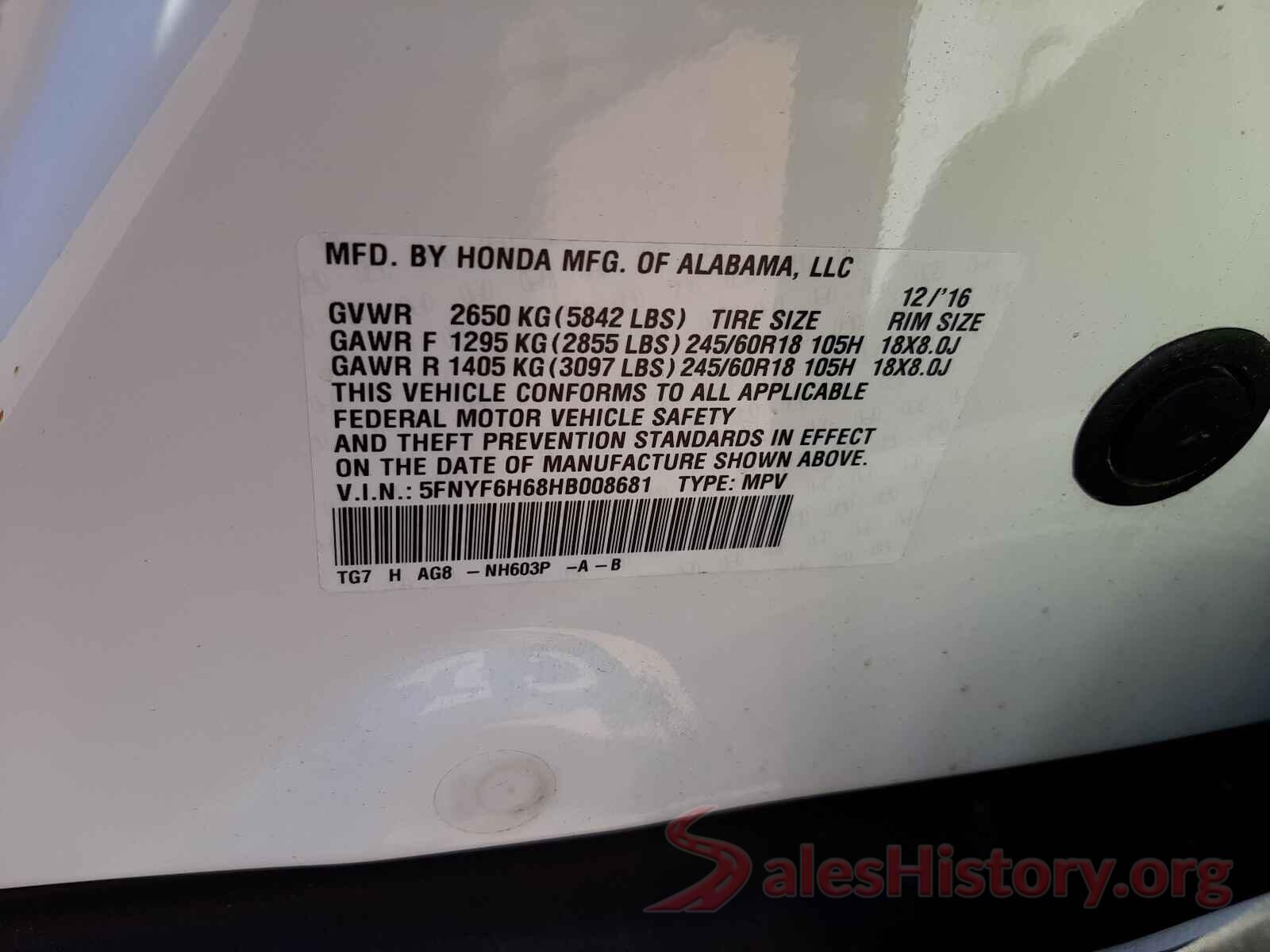 5FNYF6H68HB008681 2017 HONDA PILOT