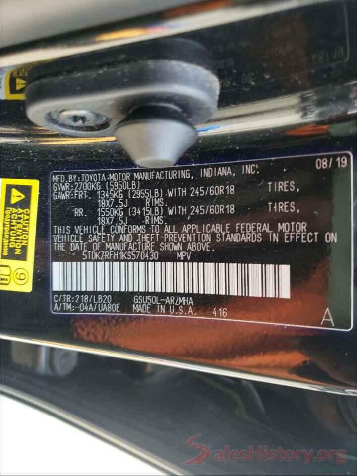 5TDKZRFH1KS570430 2019 TOYOTA HIGHLANDER