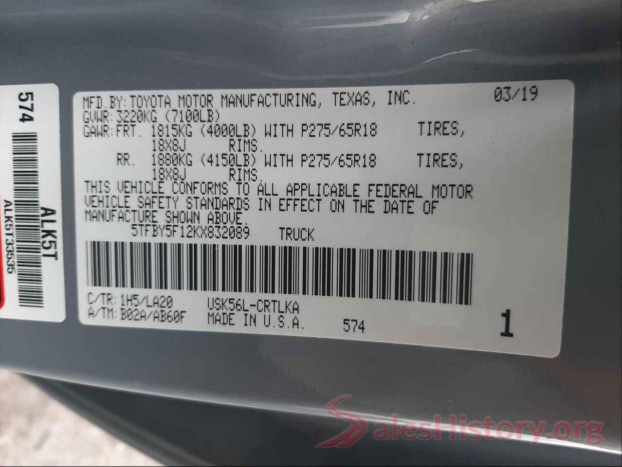 5TFBY5F12KX832089 2019 TOYOTA TUNDRA