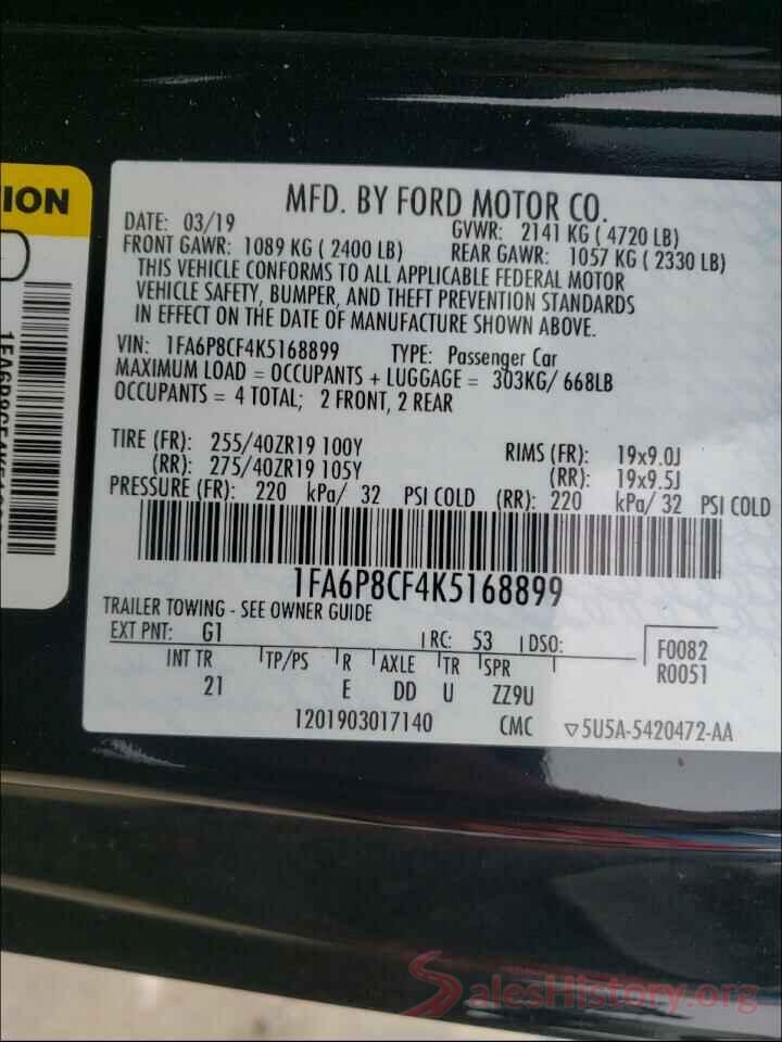 1FA6P8CF4K5168899 2019 FORD MUSTANG