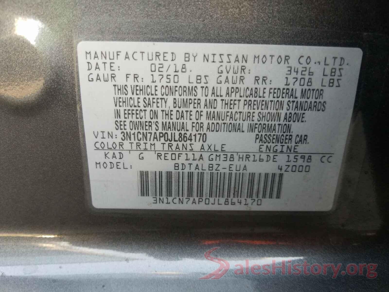 3N1CN7AP0JL864170 2018 NISSAN VERSA