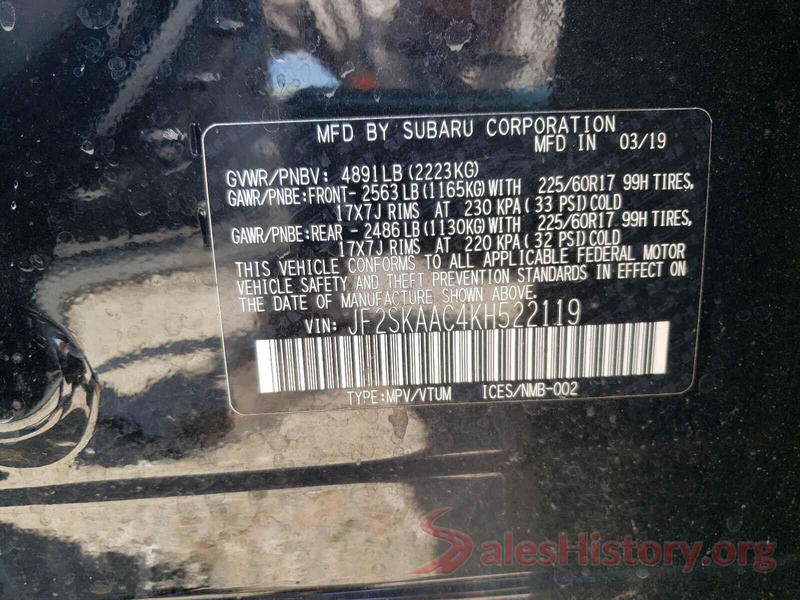 JF2SKAAC4KH522119 2019 SUBARU FORESTER