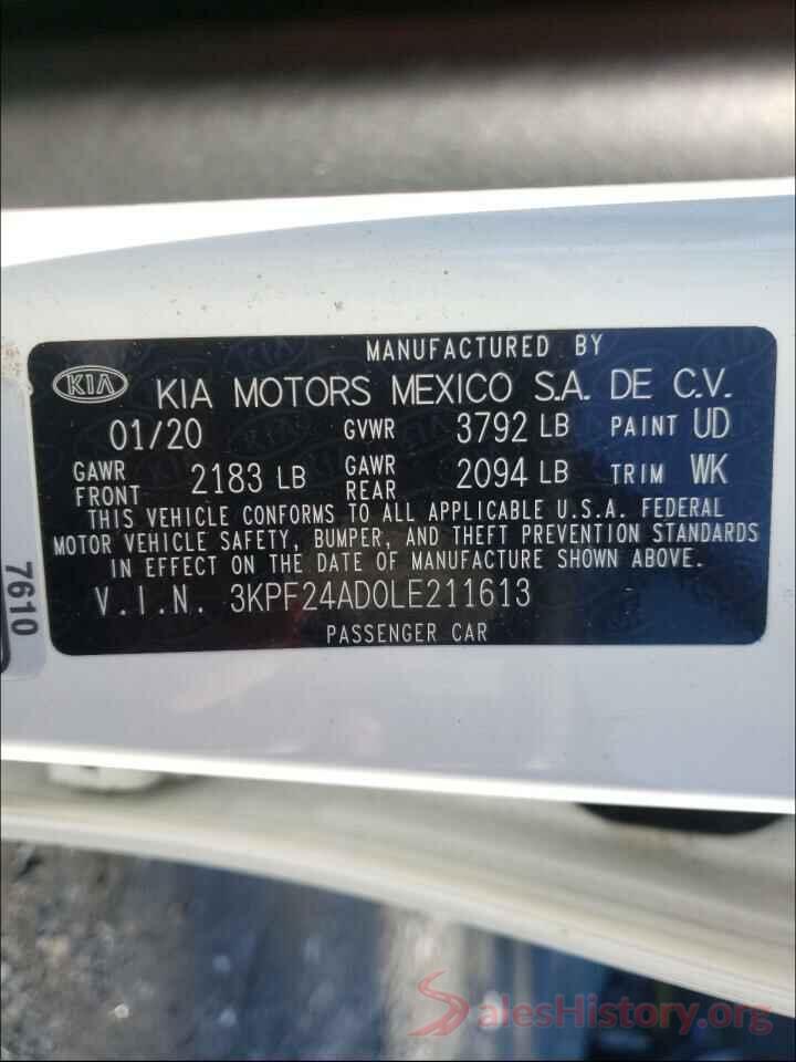 3KPF24AD0LE211613 2020 KIA FORTE