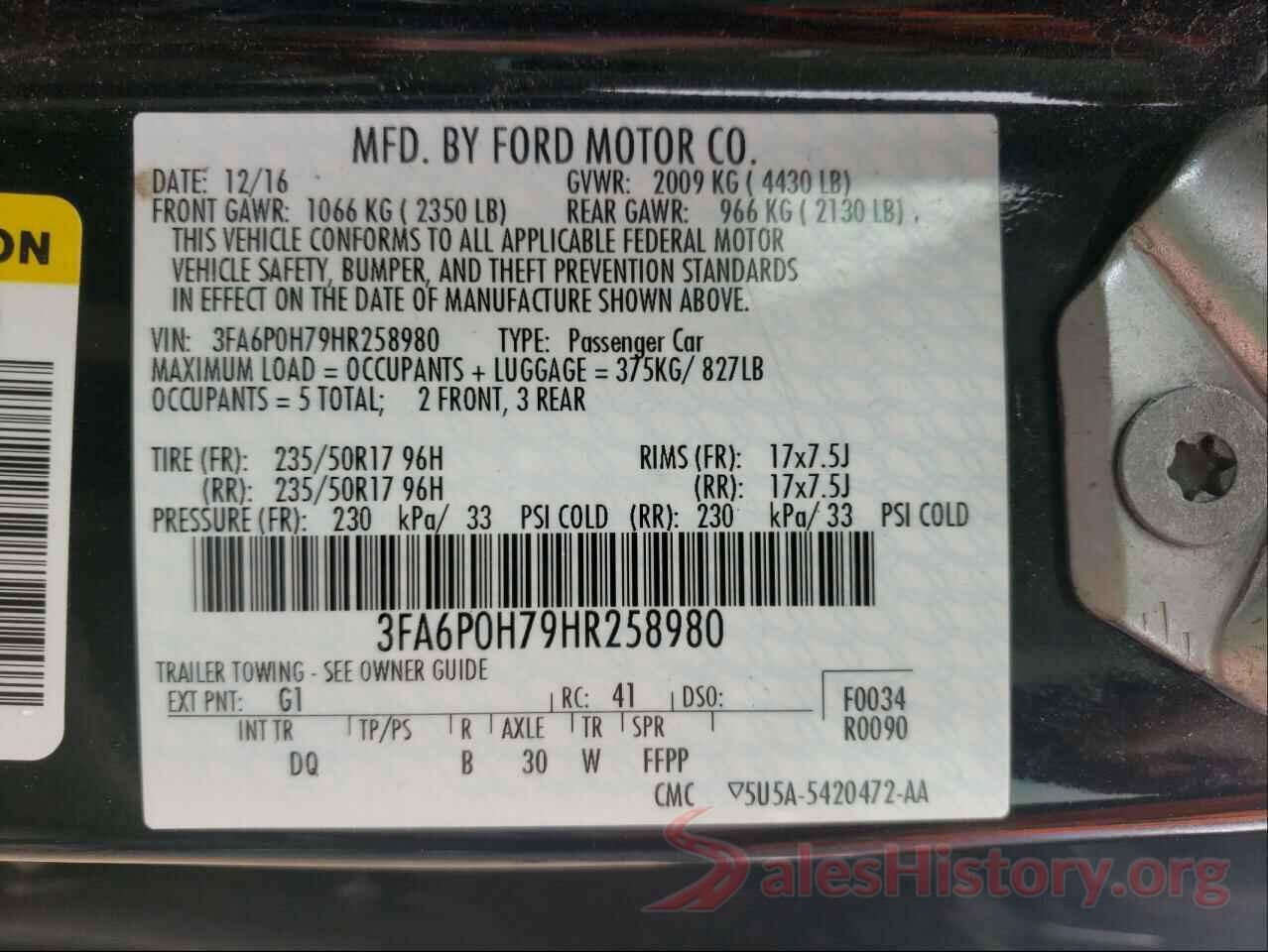 3FA6P0H79HR258980 2017 FORD FUSION