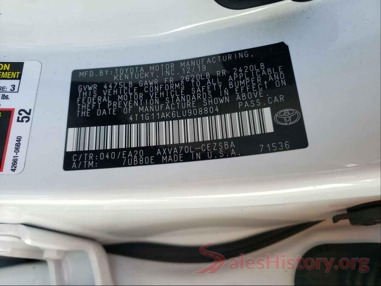 4T1G11AK6LU908804 2020 TOYOTA CAMRY