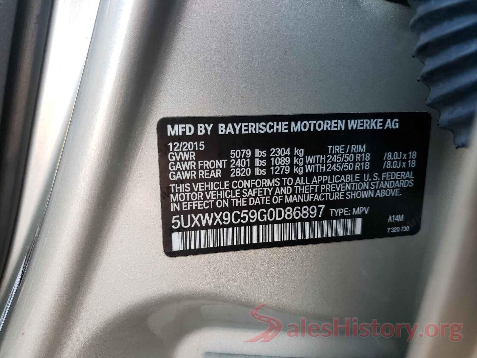 5UXWX9C59G0D86897 2016 BMW X3