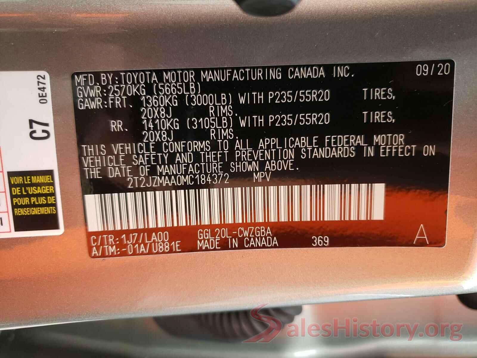 2T2JZMAA0MC184372 2021 LEXUS RX350