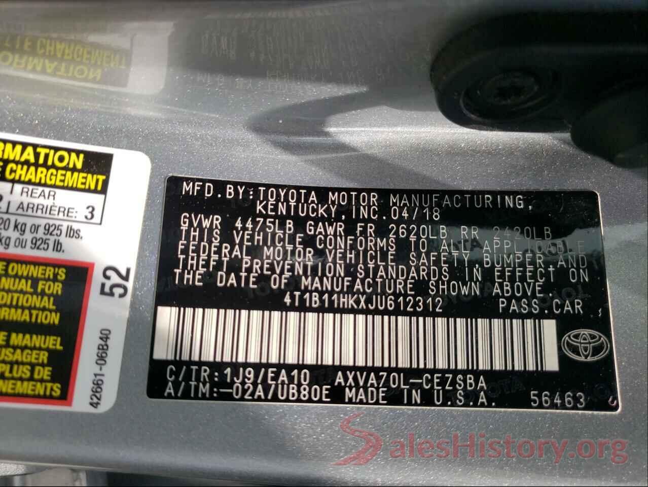 4T1B11HKXJU612312 2018 TOYOTA CAMRY