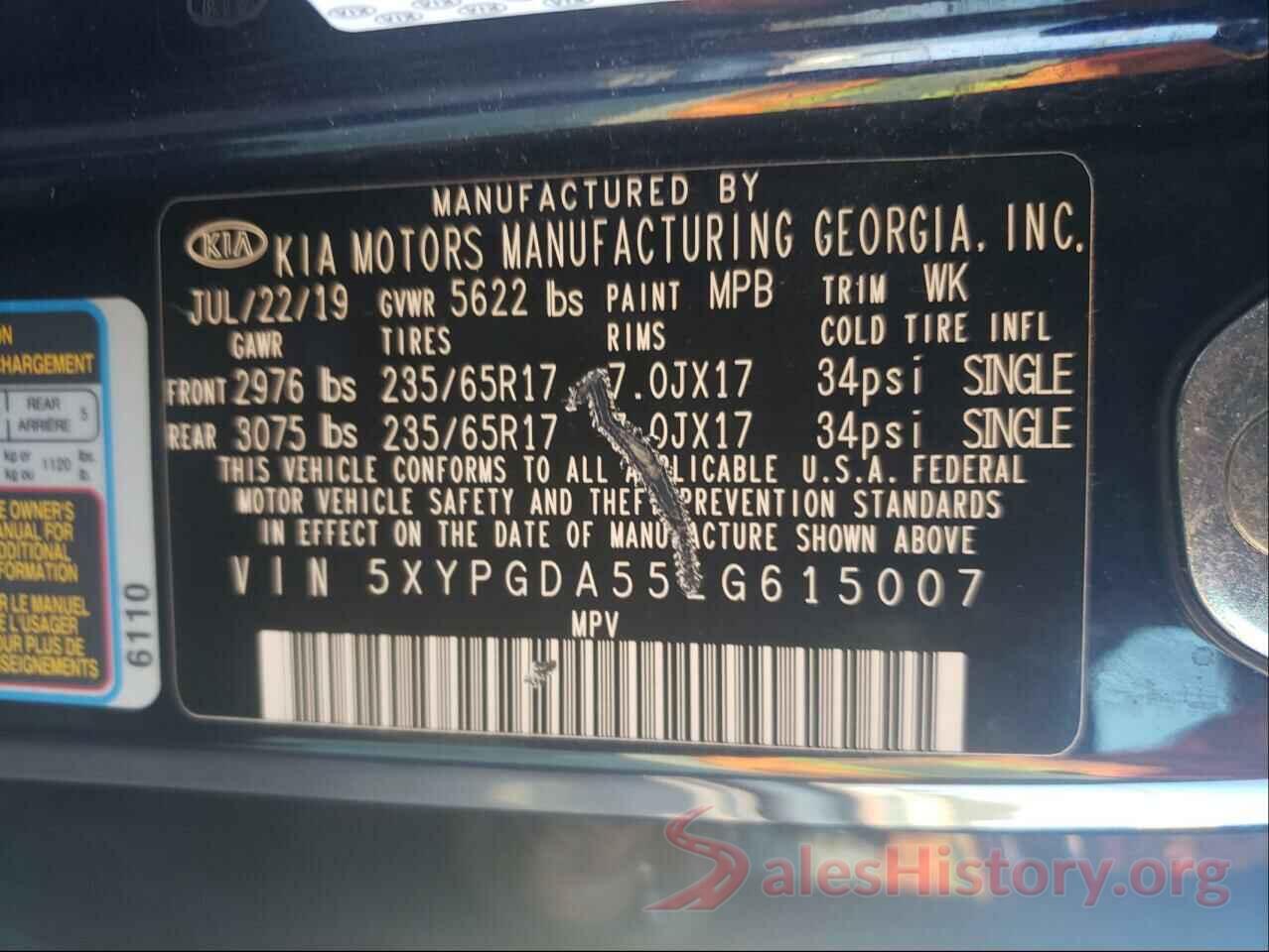 5XYPGDA55LG615007 2020 KIA SORENTO